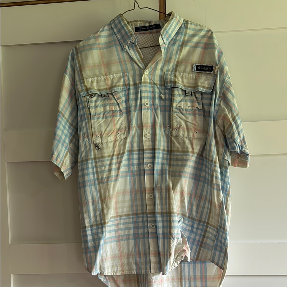 Columbia Men's Plaid Button Down Shirt - Light Blue and Cream